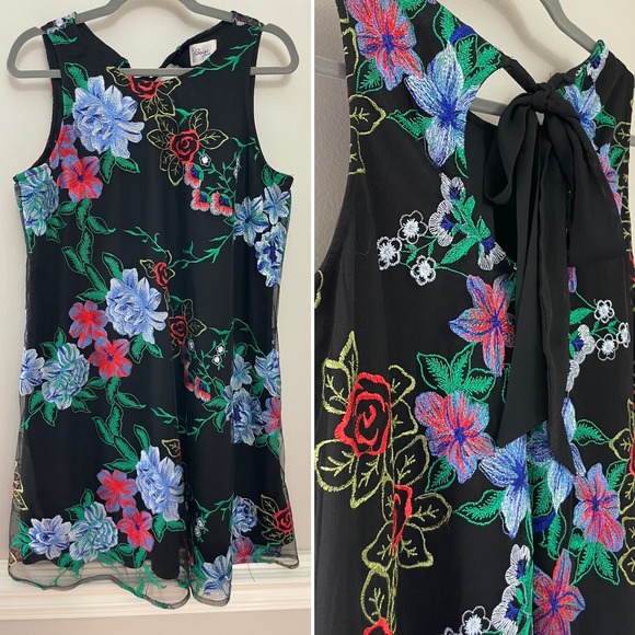 Anthropoloie ECI Tie Back Tulle Embroidered Overlay Shift Dress Large‎